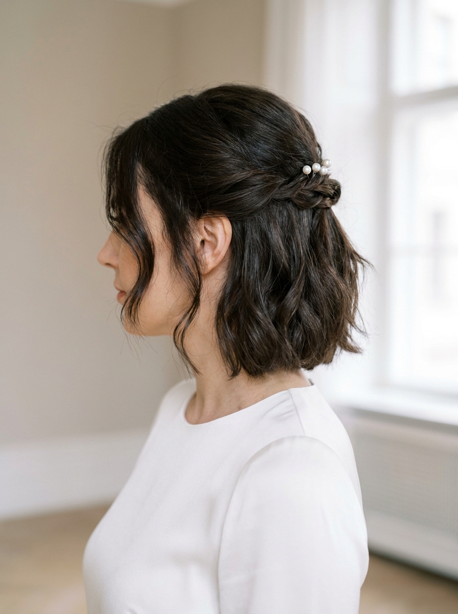 Half-Up Bob mit weichen Wellen - Brautfrisuren kurze Haare